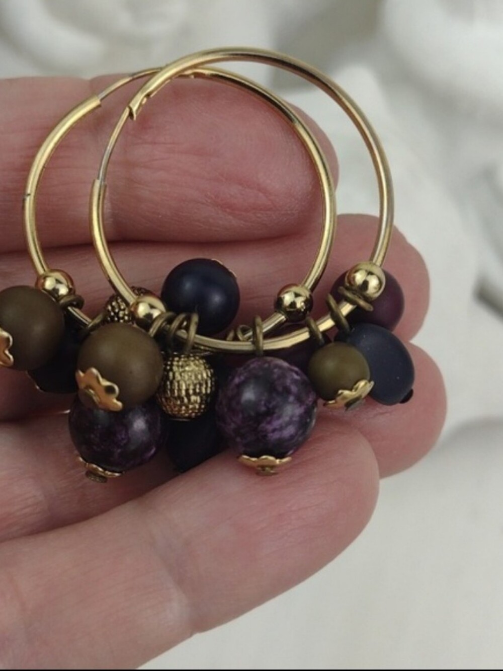 Gold Hoop Earrings with Purple Brown & Gold Clustered Bead Work Fringe Feature